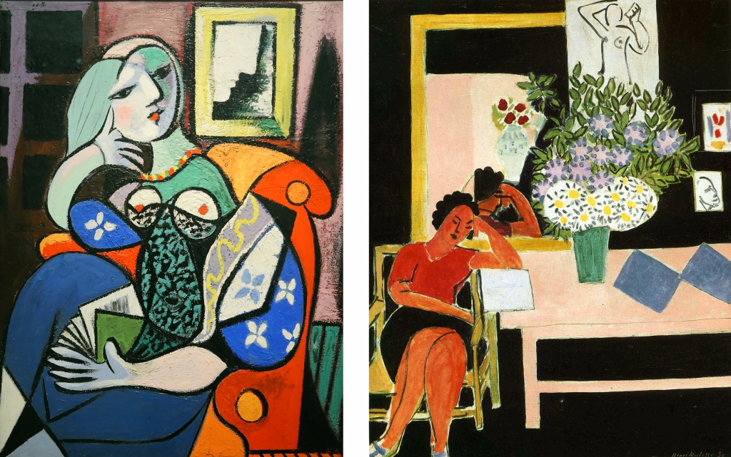 Pablo Picasso, "Woman with a Book (1932)" and Henri Matisse, "Reader Against a Black Background (1939)"