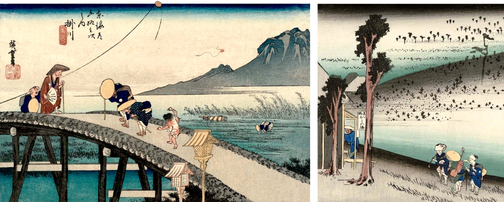 "Kakegawa" and "Futakawa" woodblock prints by Hiroshige, ca.1832-34